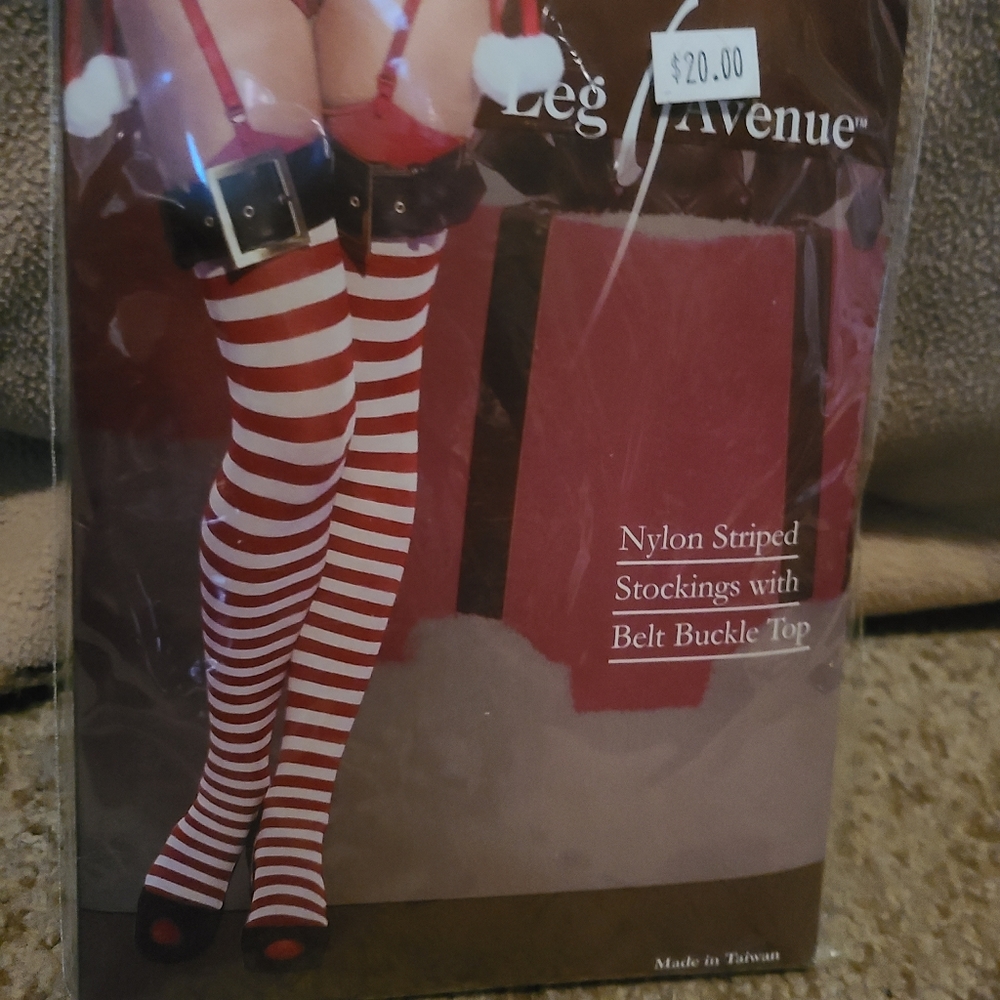 Leg Avenue Nylon Striped Stockings with Belt Buckle Top